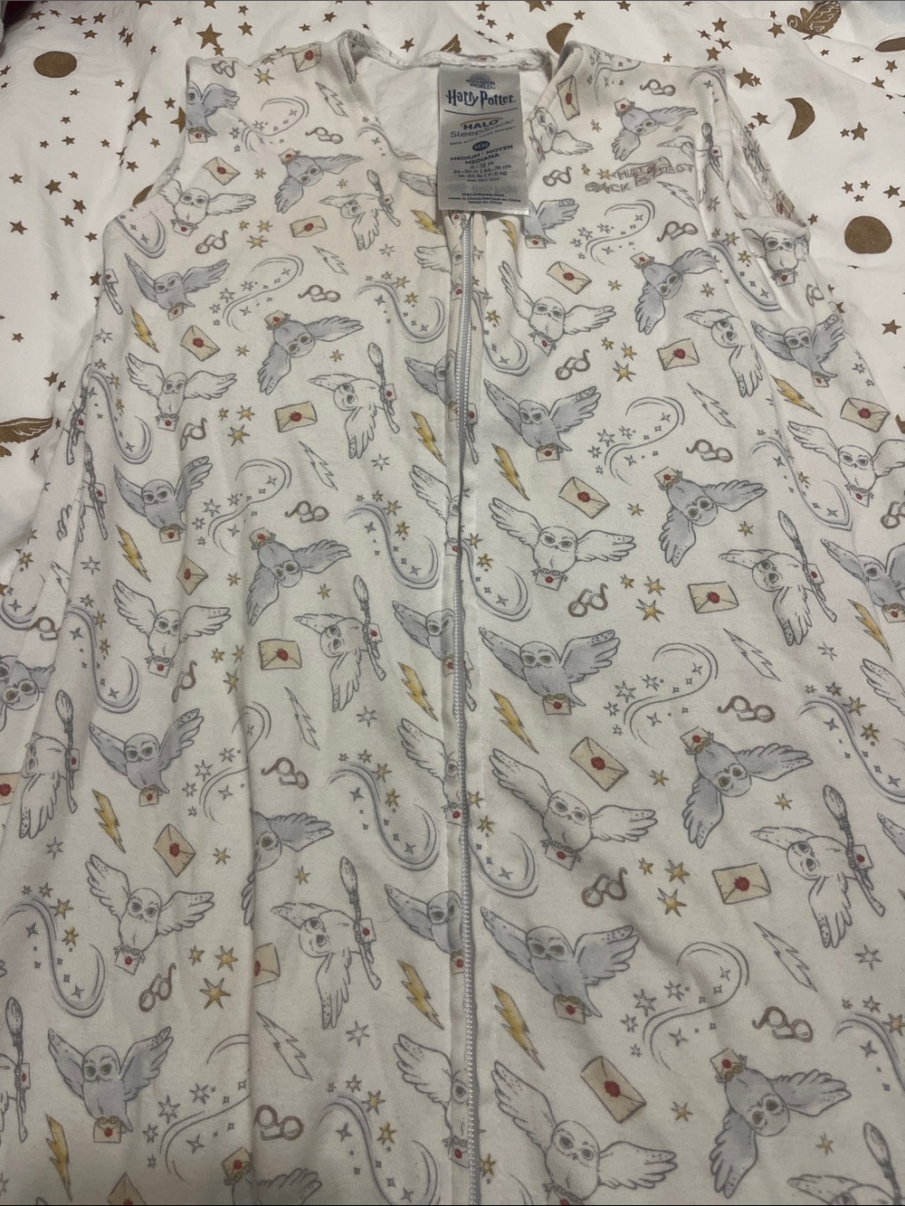Halo White & Gray Harry Potter Owl Zip Sleep Sack with Gold Accents